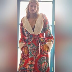 Anthropologie Red Floral Robe with Shearling Lining